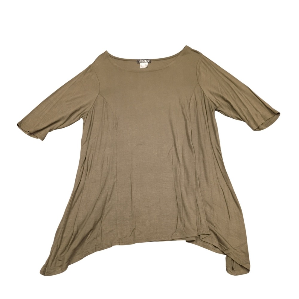 Venus‎ Tunic Top Womens Large Olive Green Sharkbite Hem Half Sleeve Boho Swing
